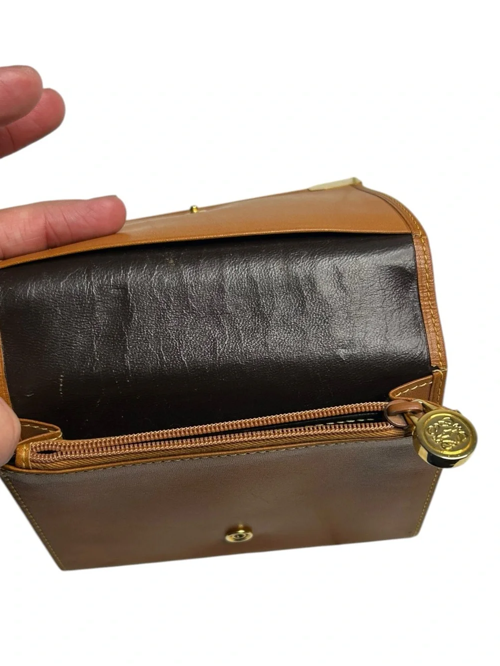 LOEWE Vintage Tan Leather Gold Corner Flap Wallet Coin Purse